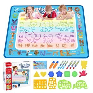 NEW Reusable Phonics Learning Magic Water Mat Set w Pens Shapes Stencils Age 3+